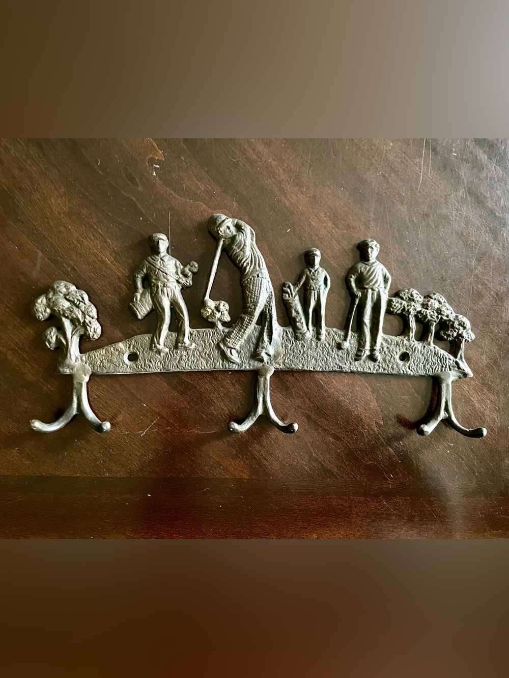 Golf-Themed Wall Hook Coat or Key Rack in Aged Metal Finish (NEW)